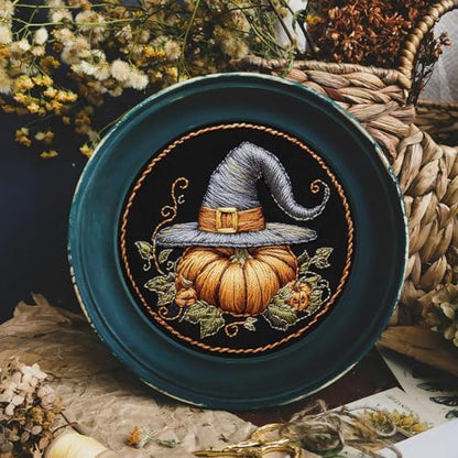 FONNUY Pumpkin Embroidery Kit for Beginners, Pre-Stamped Pattern Kits for Adults with Hoop, Easy to Follow Color Thread Needlework, 8'' Hoop (Witch Hat 1) - Image 6