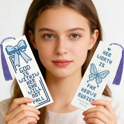 INFUNLY 6 Pcs Woman Power Stamped Embroidery Bookmark 8.5x3 inch Prayer Flower Stamped Cross Stitch Kit for Adults DIY Motivational Quote Stitch Bookmarks Kit for Readers Writers Craft Gift - Image 7