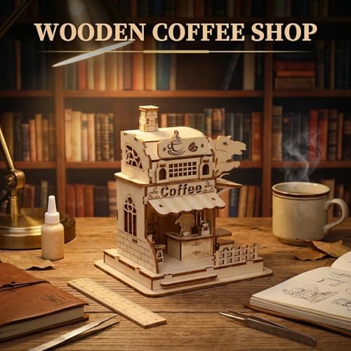 3D Wooden Puzzle Coffee Shop Model Kit - DIY Miniature House Building Set for Adults & Teens, Laser Cut Wood Craft Kit, Educational Hobby Gift for Coffee Lovers, Home Desk Decor - Image 2