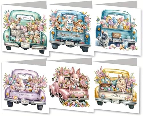 6Pcs Easter Greeting Card DIY Diamond Art Painting Greeting Cards Special Shaped Diamond Blessing Folding Card Kit Arts Crafts for Holiday Festival-Easter Truck by BAYUNOESparkDiamondCraft