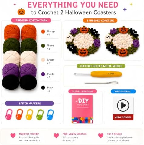 Halloween Crochet Coaster Kit for Beginners,2pcs DIY Fall Craft Set - Image 5