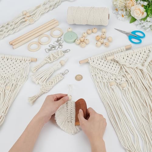 INFUNLY 10 Set DIY Macrame Kit for Beginners Boho Macrame Wall Hanging Tapestry Kit with Instruction Beige Cotton Cord Keychain Kit Handmade Plant Hanger Kit for Adults DIY Ornaments Kit for Home Gift - Image 4