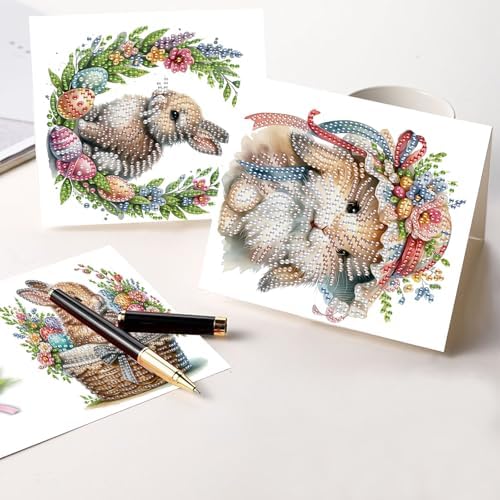 Tontut 6pcs Diamond Art Painting Kit Greeting Card, Basket Bunny 5D DIY Diamond Handmade Holiday Glitter Greeting Card with Envelope, Easter Day Holiday Gift Congratulation - Image 6