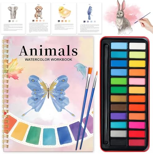 Watercolor Workbook - Coloring Book Beginner Friendly Painting Kit, Watercolor Workbooks for Adults with 24 Colors Paint, Exploration Gift for Adults Teens (Animals) by Cbcmpica