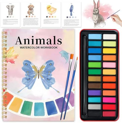 Watercolor Workbook - Coloring Book Beginner Friendly Painting Kit, Watercolor Workbooks for Adults with 24 Colors Paint, Exploration Gift for Adults Teens (Animals) by Cbcmpica