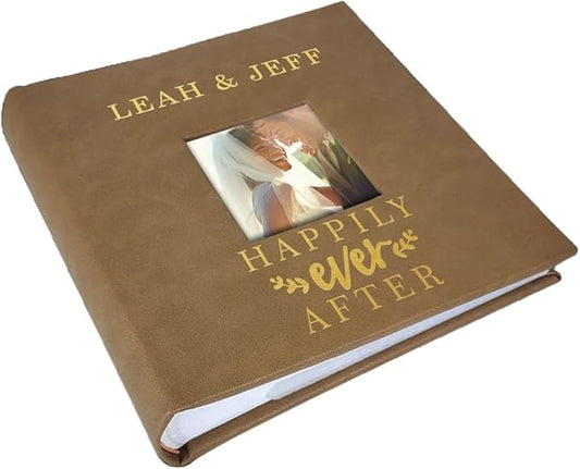 Personalized Wedding Photo Album, Custom Engraved Picture Album, Holds 200 4" x 6" Photos, Leatherette and Laser Engraved Scrapbook, Happily Ever After, Brown
