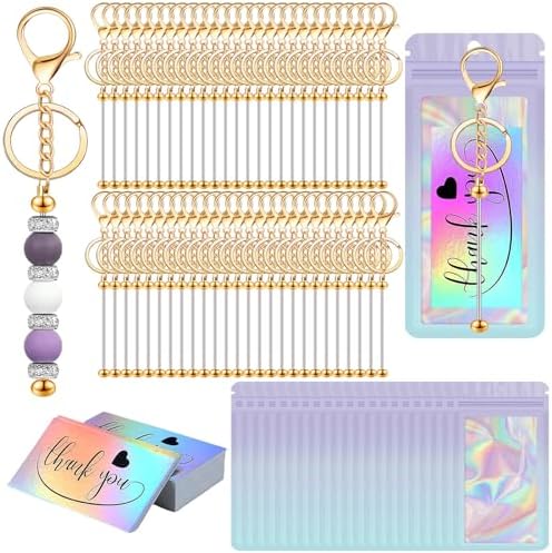 42/84/126 Pcs Beadable Keychain Bars Bulk Blank DIY Beaded Keychain Making Supplies with Bag Thank You Card by Unknown