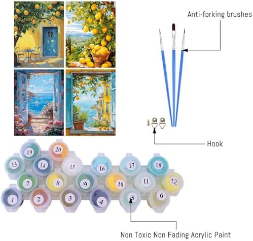 Clendo 4 Packs Summer Scene Paint by Numbers Kits for Adults, DIY Lemon Tree Adult Paint by Number Kits on Canvas, Digital Oil Number Painting for Home Decor (12x16 Inch) - Image 3