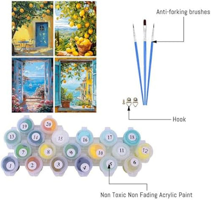 Clendo 4 Packs Summer Scene Paint by Numbers Kits for Adults, DIY Lemon Tree Adult Paint by Number Kits on Canvas, Digital Oil Number Painting for Home Decor (12x16 Inch) - Image 3