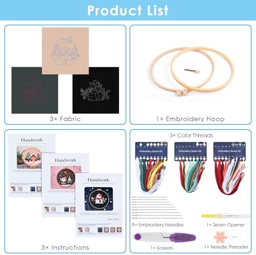 ERKOON 3 Sets Embroidery Kit for Beginners, Christmas Cross Stitch Set with Easy Pattern Embroidery Cloth Hoops Threads for Craft Lover Hand Stitch - Image 4