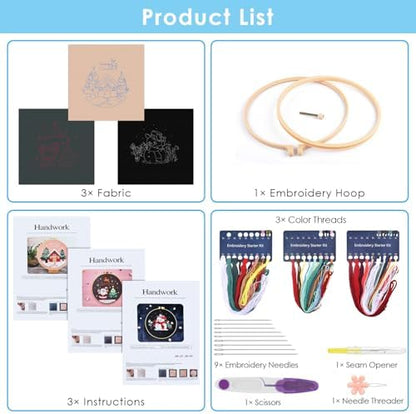 ERKOON 3 Sets Embroidery Kit for Beginners, Christmas Cross Stitch Set with Easy Pattern Embroidery Cloth Hoops Threads for Craft Lover Hand Stitch - Image 4