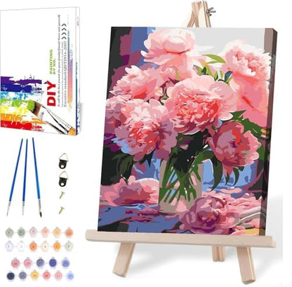 MIRCVSH Flowers Paint by Numbers Kit for Adults Framed,Pink Rose Paint by Number for Adults,Adults' Paint-by-Number Kits on Canvas with Wooden Easel for Home Wall Decor 12X16 Inch by MIRCVSH