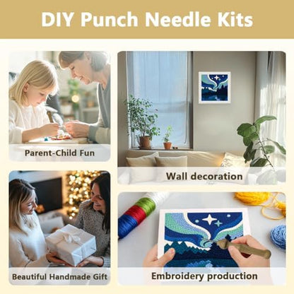 Doodlream Aurora Night Scene Needle Kit for Beginner, 9.4"x 9.4" Northern Lights Punch Stitching Craft Set, DIY Embroidery Starter with Printed Frame, Instruction, Threader, Yarn, Pinch Needle - Image 4
