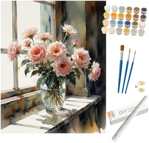 Rose Arrangement Paint by Numbers Kit for Adults - DIY Pink Roses in Vase by Window Painting on Rolled Canvas 16x20 Inches, Acrylic Paint Set, Suitable for Beginners, Art for Home Decoration or Gifts by Unknown