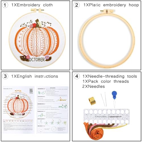 Easy Beginners Embroidery Stitches Practice Kits for Adults, Fall Pumpkin Embroidery Starters Kits for Beginners to Learn 26 Stitches, Autumn Hand Embroidery Set Craft for Women & Video Tutorial - Image 2