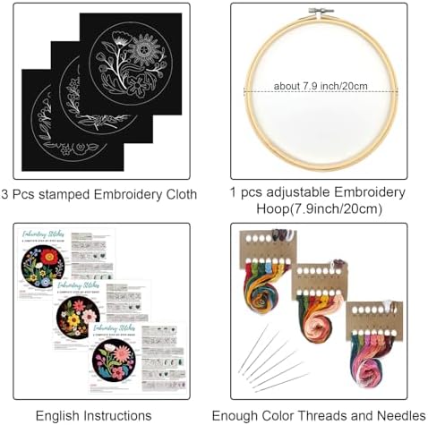 Louise Maelys 3 Pack Floral Embroidery Kit for Beginners, Washable Fabric - Image 2