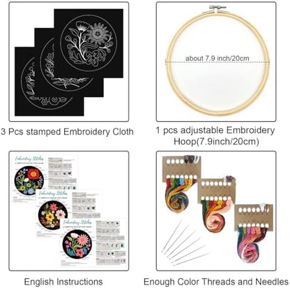 Louise Maelys 3 Pack Floral Embroidery Kit for Beginners, Washable Fabric - Image 2