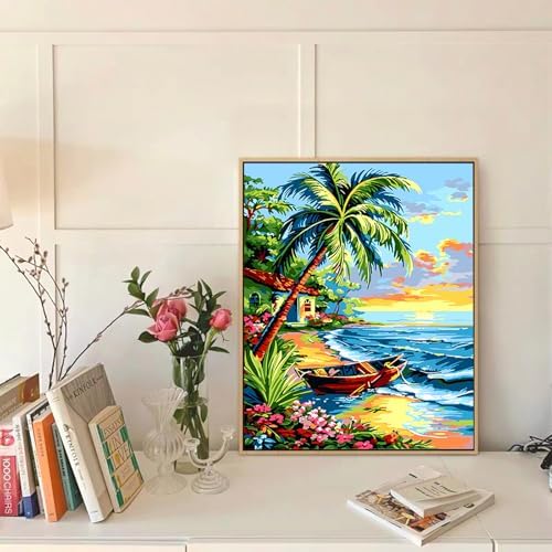 Yunnuo Landscape Paint by Numbers Kit for Adults Beginner,Beach Adult Paint by Numbers on Canvas with Acrylic Paint and 3 Brush,Cottage-Wooden Boat Painting by Numbers for Home Decor Gifts(20x16 inch) - Image 3