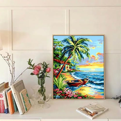 Yunnuo Landscape Paint by Numbers Kit for Adults Beginner,Beach Adult Paint by Numbers on Canvas with Acrylic Paint and 3 Brush,Cottage-Wooden Boat Painting by Numbers for Home Decor Gifts(20x16 inch) - Image 3