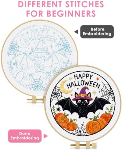 TINDTOP Halloween Embroidery Kit for Adult, Embroidery DIY Starter Kit, with Stamped Patterns, Hoop, Tools, Colorful Threads with Needles, Instructions (Halloween D) - Image 3
