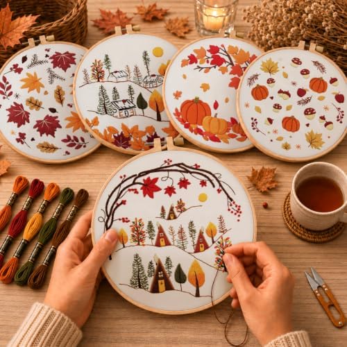 Kuabiz 5 Sets Fall Embroidery Kits for Beginners Autumn Maple Leaves Cross Stitch Kit for Adults Thanksgiving Pumpkins Embroidery Starter Kit Hoop Needlepoint Kits with Instruction Needles Threads - Image 5