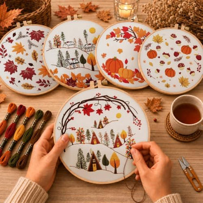Kuabiz 5 Sets Fall Embroidery Kits for Beginners Autumn Maple Leaves Cross Stitch Kit for Adults Thanksgiving Pumpkins Embroidery Starter Kit Hoop Needlepoint Kits with Instruction Needles Threads - Image 5