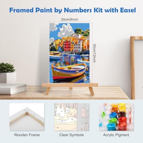 MOGTAA Paint by Numbers Kit for Adults Beginners with Frame, Colorful Boats Adult Paint by Number Kits on Canvas with Easel, Easy DIY Landscape Oil Painting Kits for Home Decor, 8x12in - Image 2