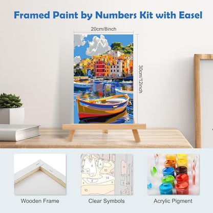 MOGTAA Paint by Numbers Kit for Adults Beginners with Frame, Colorful Boats Adult Paint by Number Kits on Canvas with Easel, Easy DIY Landscape Oil Painting Kits for Home Decor, 8x12in - Image 2