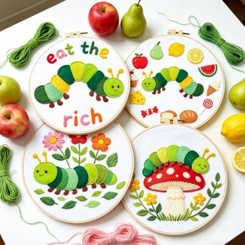 BEUNITONE 4 Set Embroidery Kits for Beginners with Easy Caterpillar Pattern, DIY Craft Kits Include Instructions and 2 Embroidery Hoops, Cross Stitch Needlepoint Kits for Craft Lover and Home Decor - Image 6