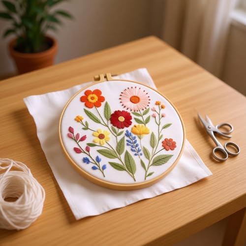 Zhenqing 4-Piece Floral Embroidery Kit for Beginners - Complete Set with Sunflower, Daisy Designs & Pre-Printed 29x29cm Cotton Fabric, Hoop, Threads & Tools(C0166) - Image 3