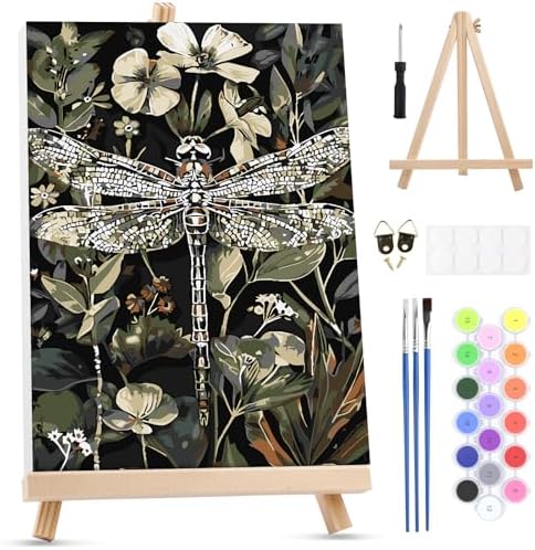 MXJSUA Dragonfly Paint by Numbers Kit with Frame for Adults, Easy Beginners Paint by Number on Canvas with Easel, Acrylic Number Painting Craft Gifts for Home Decor, 8x12 inch by MXJSUA-DiamondPaintingkits