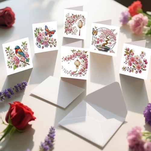 6pcs 5D DIY Diamond Painting Kit Greeting Card, Small Bird Peach Blossom Diamond Handmade Greeting Card with Envelope, Holiday Gift Congratulations - Image 6