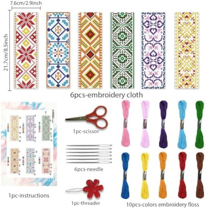 BEUNITONE 6 Pcs Vintage Cross Stitch Bookmark Kits for Beginner with Backing Felt Floss Instructions, Handmade Bookmarks DIY Stamped Craft Embroidery Kits for Adults, Book Lovers 8.5''x3'' - Image 2
