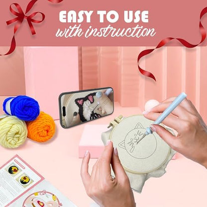 Punch Needle Kit for Beginners Adults Easy Needle Punch Embroidery Tool Set Including Threader Instruction Fabric Hoop Yarn Coaster DIY Making Kit Supplies,Set of 8 Cat Cute Pet Art Crafts Gifts - Image 3