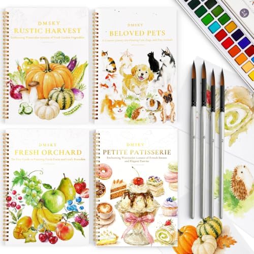Watercolor Workbook 4 Pack,Water Colors Paint Adult Set for Beginner with Step by Step,Relaxing & Easy to Paint Water Coloring Book with 24 Colors,Perfect for Gifting to Creativity & Joy for Adults by DMSKY