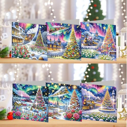 jinglinhh 6pcs Christmas Tree Train Village House Flowers Diamond Art Painting Greeting Cards with Envelopes, DIY Card Making Kits for Adults, Diamond Art Postcards Holiday Cards Craft Gifts - Image 4
