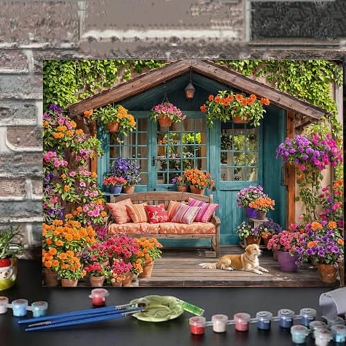 Flower House Paint By Numbers Kit For Adults Garden Adult Paint By Number Kits On Canvas Dog Village Oil Painting Kit For Beginners Adults' Paint-By-Number Kits For Gift Home Wall Decor 16x20 Inch - Image 3