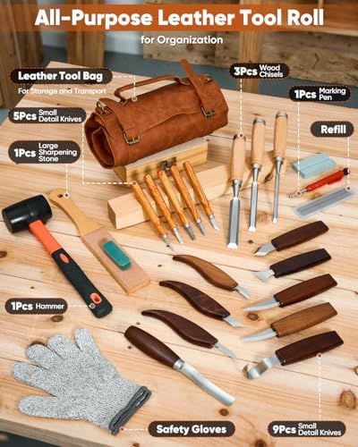 SakerNeo 25-Piece Wood Carving Kit Whittling Kit with Leather Storage Bag - Image 2