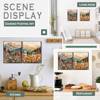 sdfkmlcdl Boho Mountain Sunset Landscape Diamond Art Kits for Adults, Nature Wildflower Mountain Landscape Full Drill Diamond Painting Kits for Adults Beginners 2 Pack, 9.8x11.8 Inch - Image 2