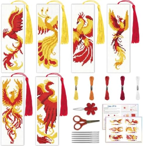 ACRNIGHEET 6PCS Cross Stitch Bookmark Kit for Beginner Stamped Cross Stitch Kits for Adults Phoenix DIY Tassel Embroidery Bookmark Kits Needlepoint Kit with Instructions Craft Gift 8.5''x3'' 11CT by ACRNIGHEET