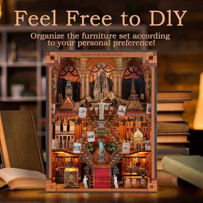 Book Nook Kit - DIY Miniature World Library Booknook - 3D Wooden Puzzle with LED Lights - Creative Bookshelf Insert & Educational Gift for Adults - Image 6