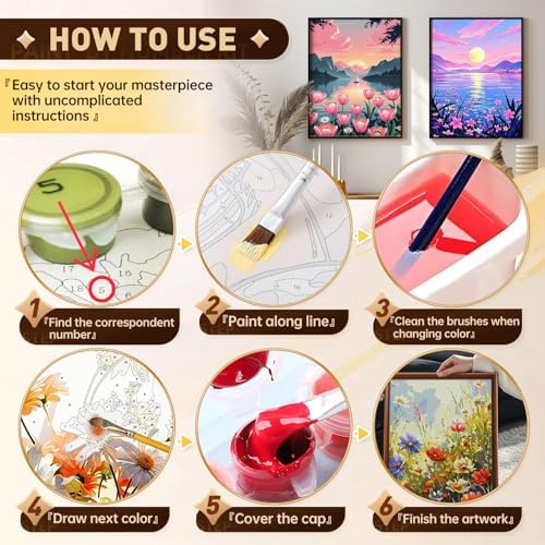 Qaisxoty Paint by Numbers Kits for Adults, 2 Pack Rolled Canvsa Lake Landscape Paint by Numbers KIt for Beginners, DIY Acrylic Painting by Number Kit for Great Gift Home Decor - 12” x 16” - Image 6