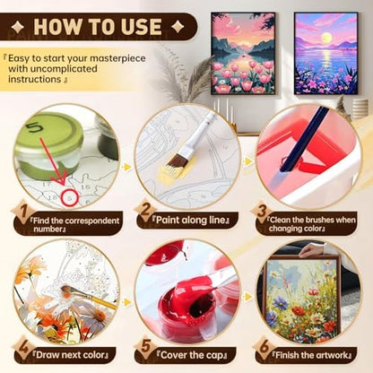 Qaisxoty Paint by Numbers Kits for Adults, 2 Pack Rolled Canvsa Lake Landscape Paint by Numbers KIt for Beginners, DIY Acrylic Painting by Number Kit for Great Gift Home Decor - 12” x 16” - Image 6