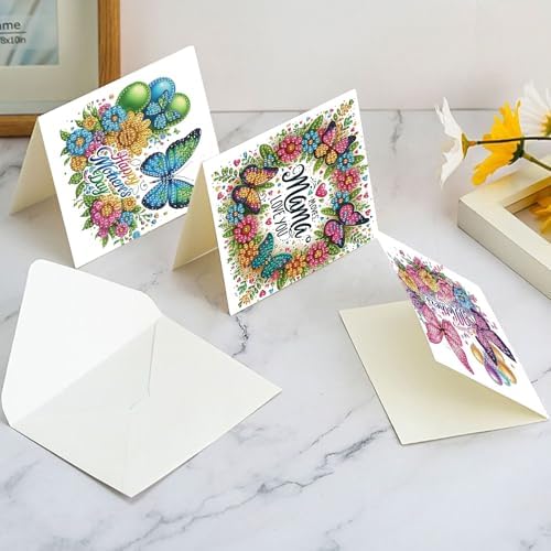Tontut 6pcs 5D Diamond Art Painting Greeting Card Kit, Butterfly Flower Adult DIY with Envelope, Special Shape Diamond Design Greeting Card Creative Birthday Holiday Gift - Image 7