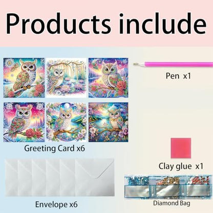 6PCS Owl Diamond Art Painting Greeting Cards Kit with Envelopes - 5D DIY Diamond Art Card Kits for Adults - Handcrafted Postcards for Birthday & Holiday - Image 5