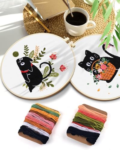 TINDTOP 2 Pack Embroidery Kit for Adult Beginners, Embroidery DIY Starter Kit, with Black Cat and Flowers Stamped Patterns, Hoop, Tools, Colorful Threads with Needles, Instructions - Image 7