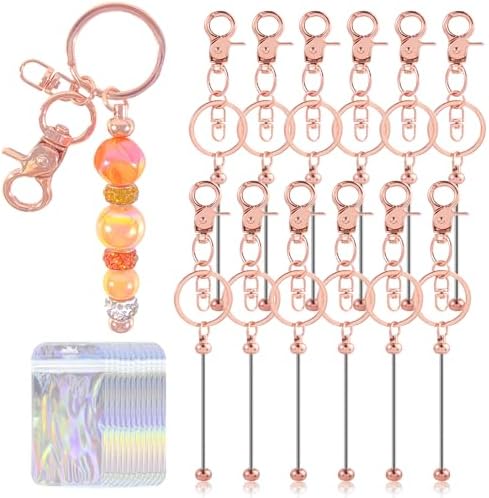 96 Pcs Beadable Keychains Bars bulk - 48 Rose Gold DIY Metal Beaded Keychain Making Kit + 48 Bags Included, Bead Keychain Supplies,Blank Key Chain, Perfect for Women, Men, Mother's Day, Birthday Gift by DNLEGULI