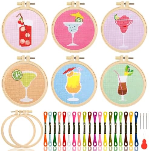 ZOIIWA 6PCS Goblet Embroidery Kit for Beginners Adults Summer Cross Sewing Kits DIY Starter Hand Embroidery Kit with Needlepoint Patterns Hoop Threads Needles Instructions Craft Gift for Home Decor by ZOIIWA