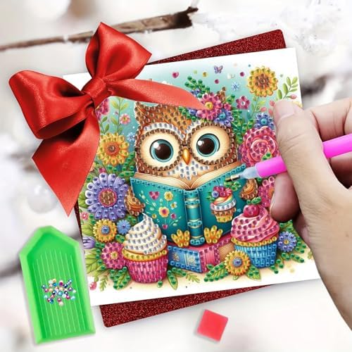 6pcs DIY Diamond Art Greeting Cards Kit with Envelopes&Tools - Create Your Own Sparkling Birthday, Thank You, Holiday Cards for Adults & Beginners(Flower Owl) - Image 3
