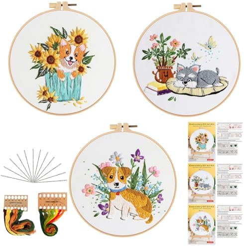 GLTAYLMY Dogs Embroidery Kit for Beginners with Pattern and Instructions,3 Pack Cross Stitch Kits,1 Plastic Embroidery Hoops,Threads and Needles,Needlepoint Kit for Adults by GLTAYLMYFortuneSmilesonJoyfulTradingwithEveryone
